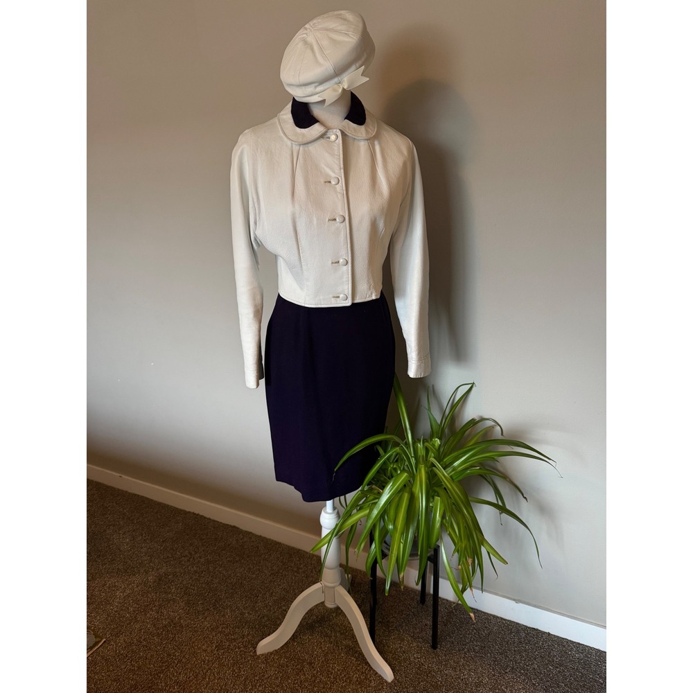 Vintage 3pc Set White Leather Jacket Purple Skirt Hat 60s Mod S/M